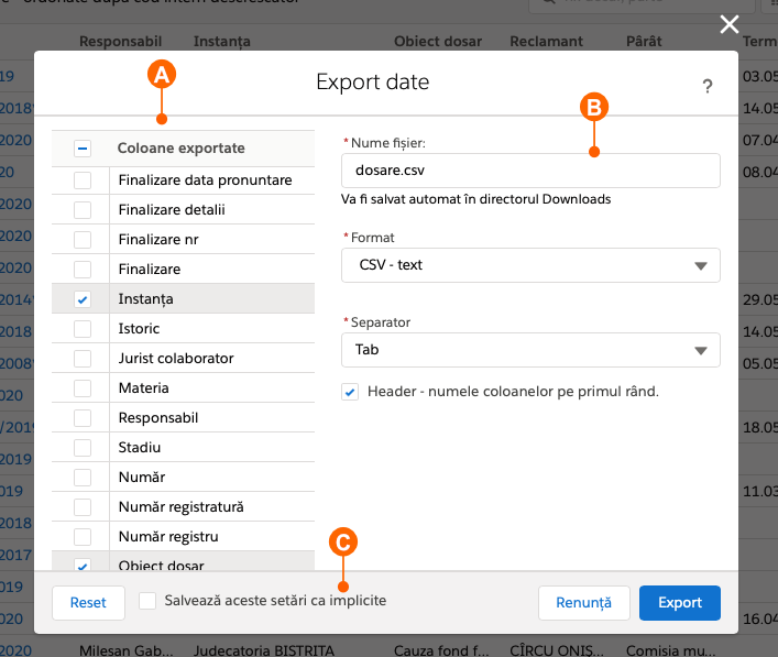 Export dialog